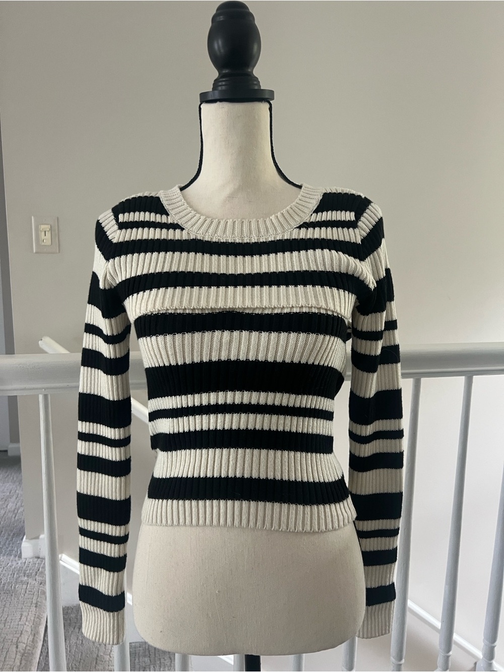Maeve Black and White Striped two piece Ribbed V-Neck Sweater.